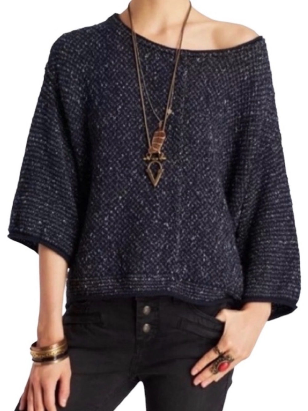 Free People Under Your Spell Navy Sweater Size Small Tweed Boucle Pullover